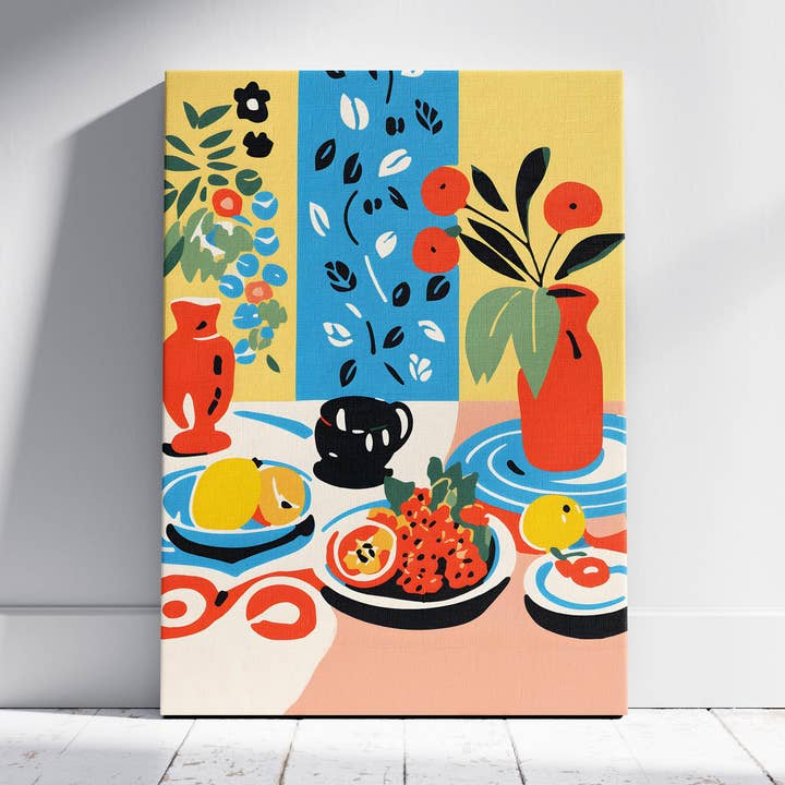 Colorful Table with Fruit Arrangement - Framed Canvas Wall Art Print for wholesale by House Prints