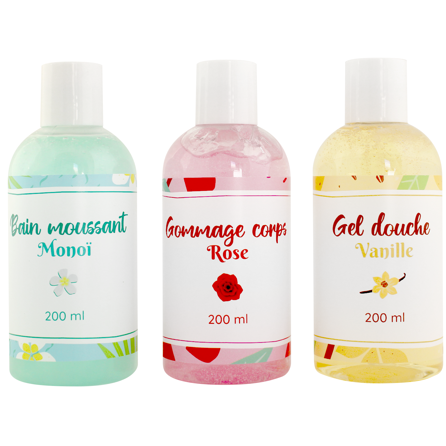 FRENCH TENDANCE - Venta al por mayor Gel de ducha/baño - Set de gel de ducha de vainilla, baño de burbujas monoi, exfoliante de rosas1