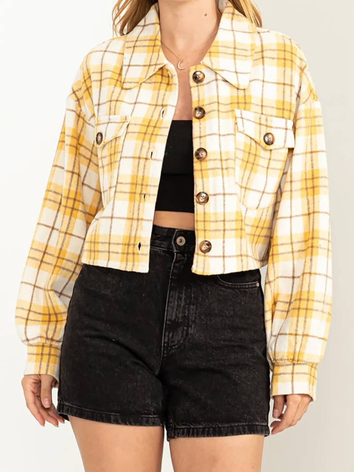 Flannel Plaid Wide Long Sleeve Collared Front Pocket Crop Jacket for wholesale by Tasha Apparel Wholesale