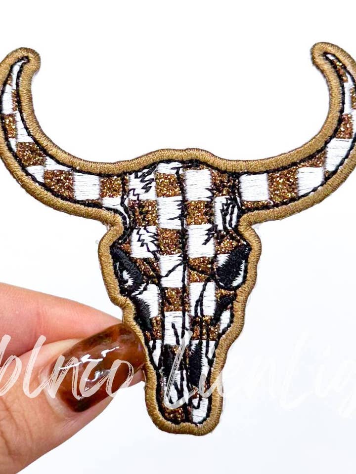 Brown Checkered Bull Head Skull Western Glitter Patch for wholesale by ABLNco