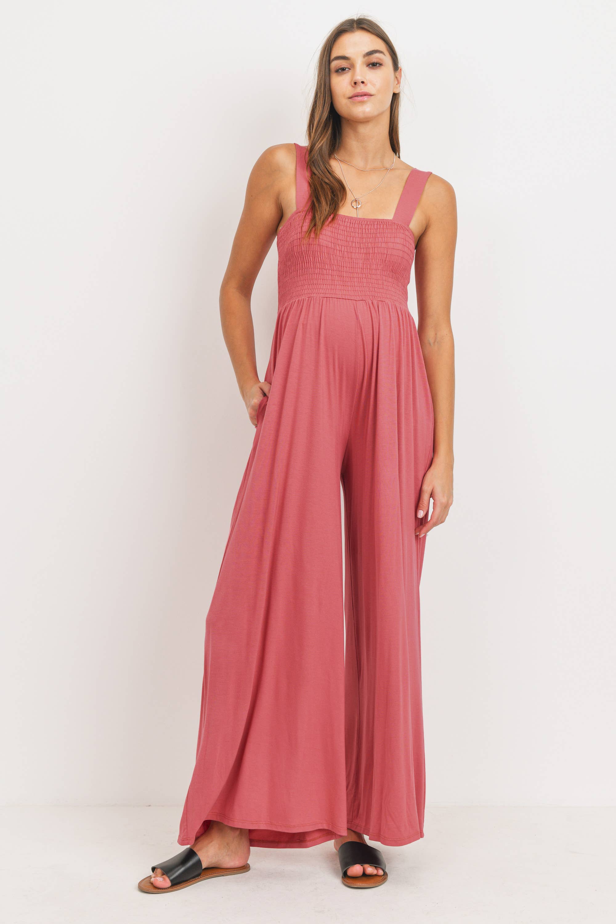 Hello Miz - Wholesale Lounge Romper - Maternity - Sleeveless Smocked Maternity Wide Leg Jumpsuit 16