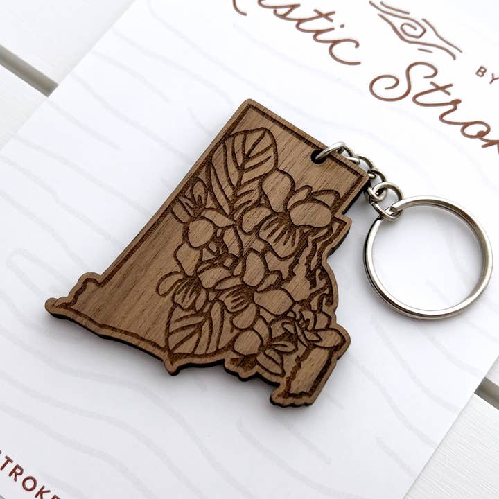 Rhode Island Violet State Flower Wood Keychain for wholesale by RusticStrokes