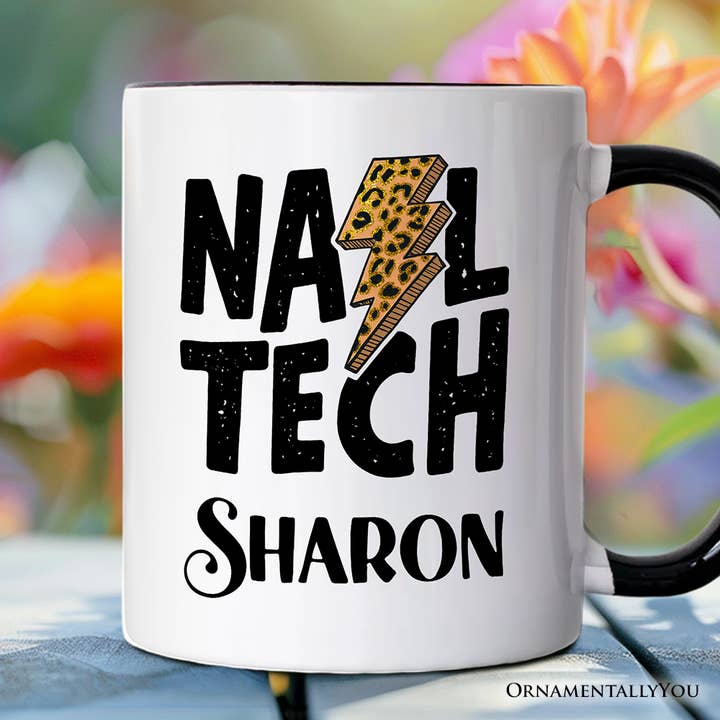White Black Handle Nail Tech Leopard Lightning Personalized Mug, Retro Stylist for wholesale on Faire4