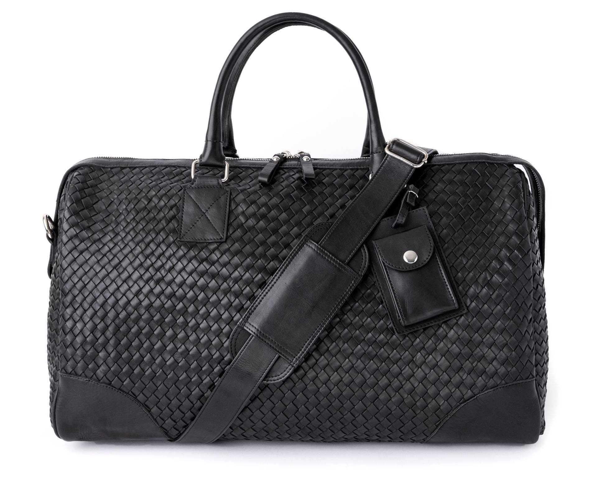 Hides - Wholesale Weekender Bag - Women's - Woven Leather Duffle - Black with Detachable Shoulder Strap3