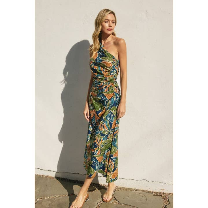 ECLIPSE TROPICAL Havana One Shoulder Ruched Midi Dress for wholesale on Faire