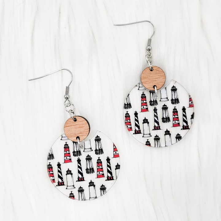 Lighthouses Acrylic Semi Circle Dangle Earrings for wholesale by The Purple Chickadee