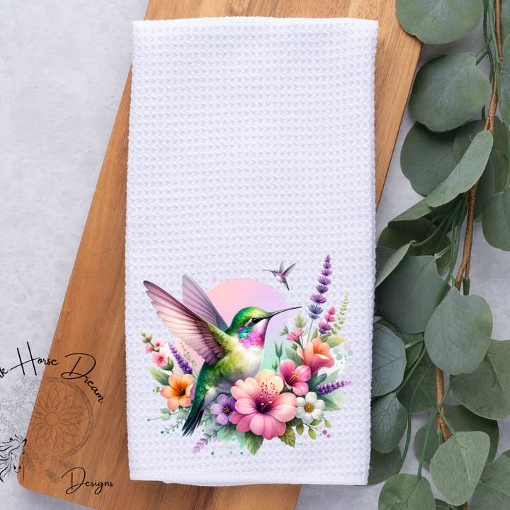 Springtime Colorful Hummingbird, Nature Lovers, Dish Towel for wholesale by Dark Horse Dream Designs LLC