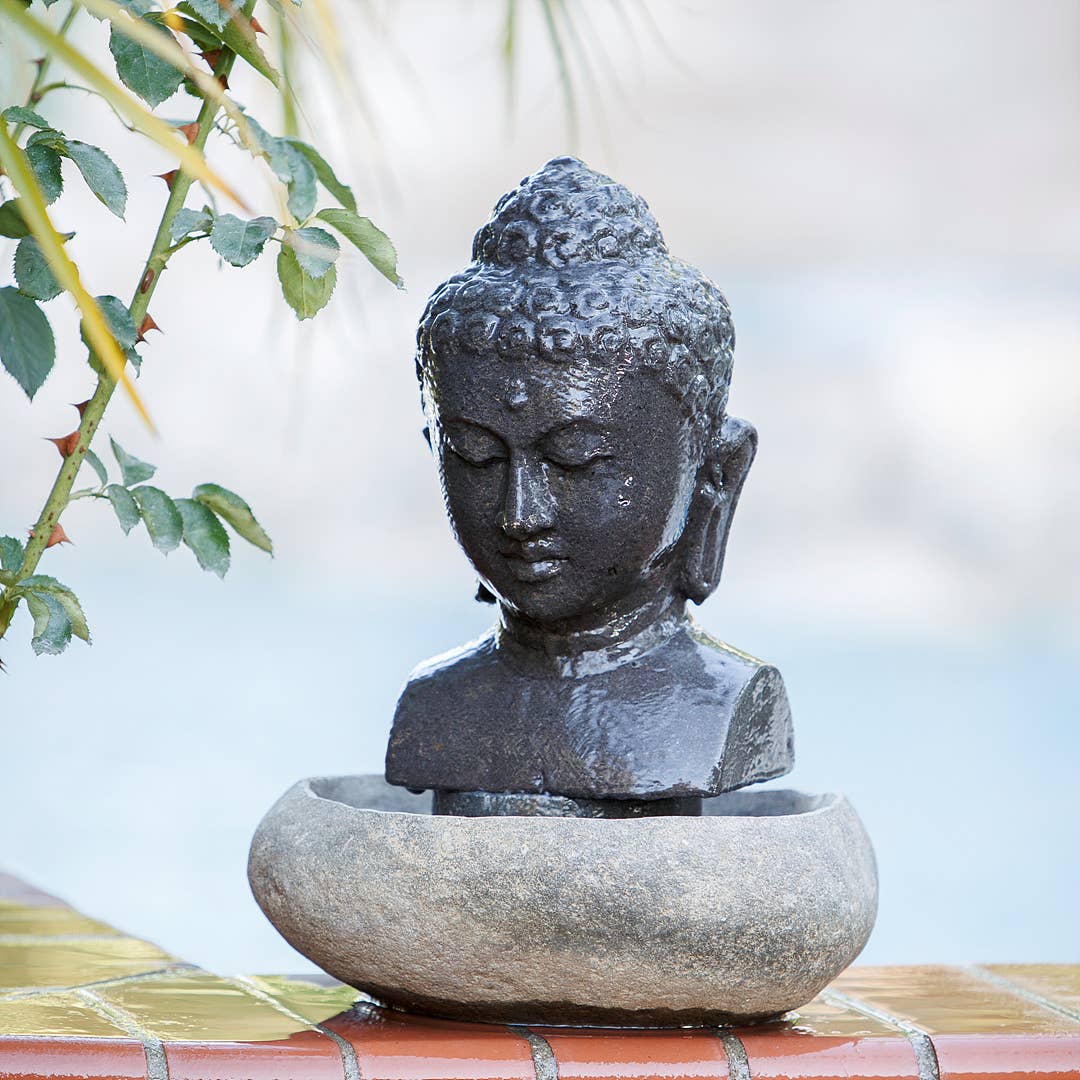 Garden Age Supply - Wholesale Decorative Tabletop Object - Table Top Buddha Head Fountain 16"H - Lava Stone / River Sto1