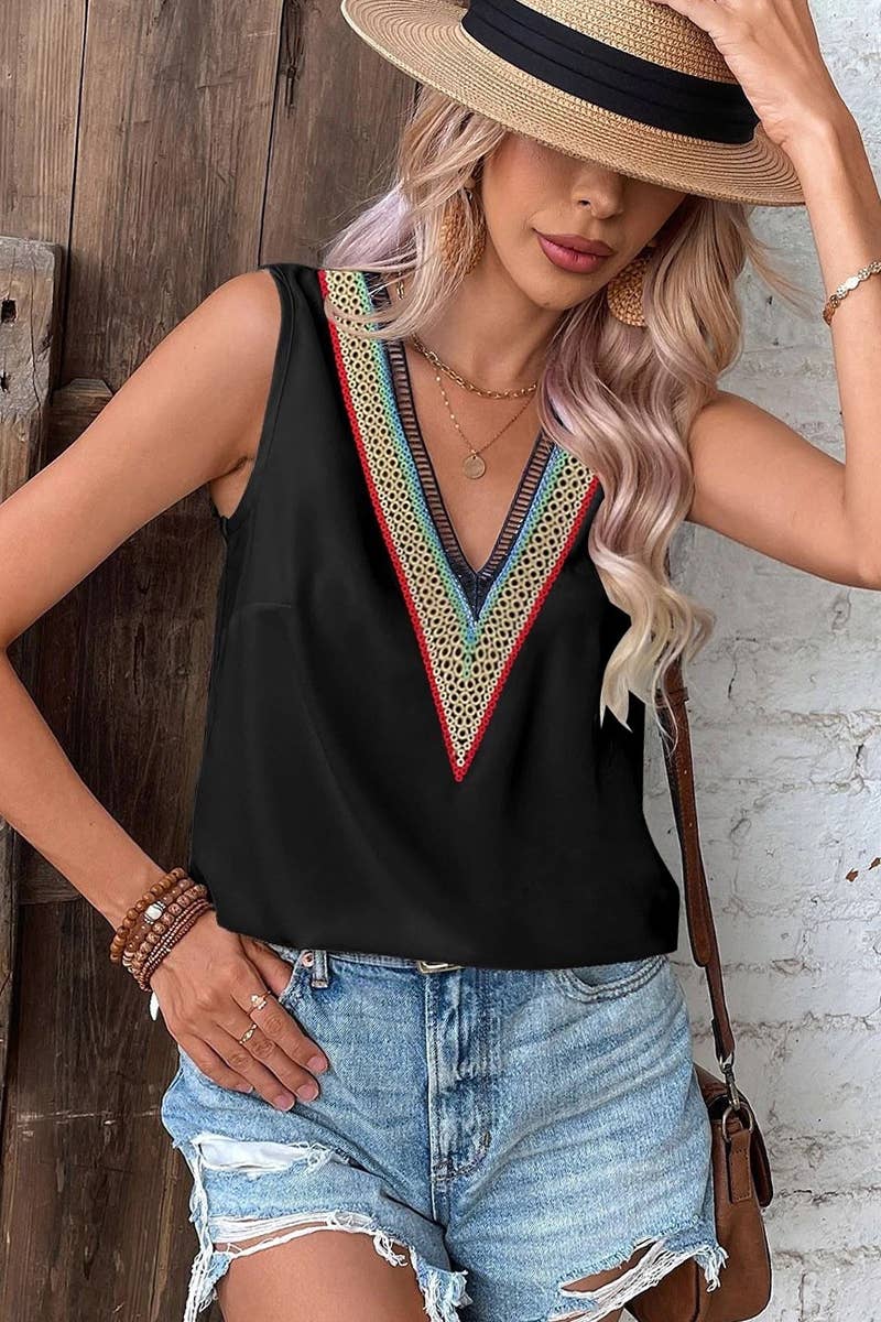 Lily Clothing - Wholesale Blouse - Women's - MULTICOLOR LACE V NECK SLEEVELESS BLOUSE_CWTBLSL00259