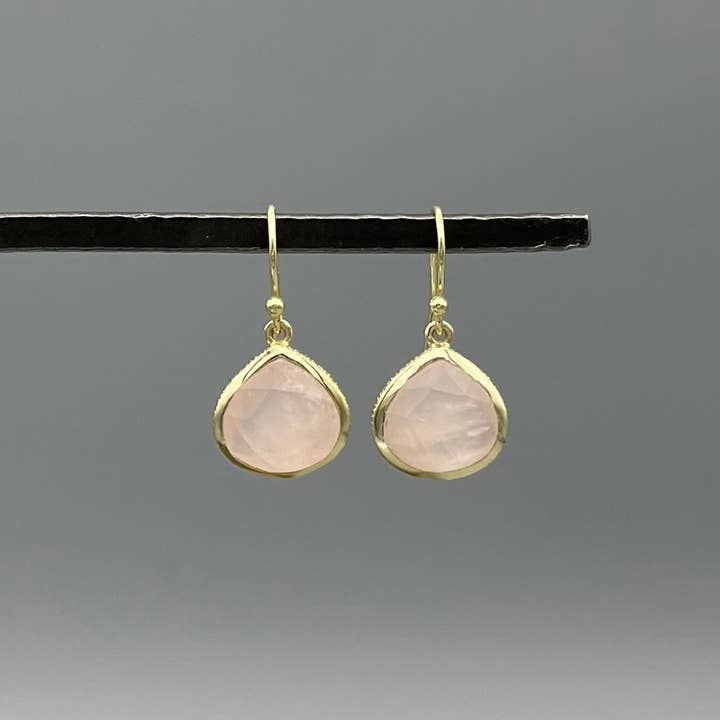 Gold Widened Textured Teardrop Rose Quartz Earrings for wholesale by Something Silver