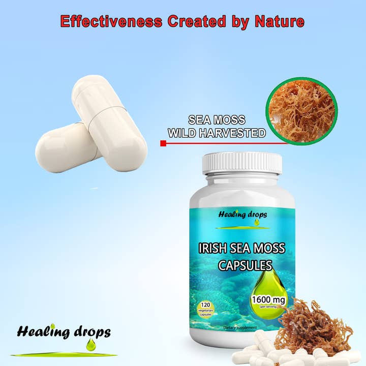 Healing Drops - Vendita all'ingrosso Vitamine/integratori orali - Capsule di muschio marino - Muschio marino irlandese 1600 mg - Keto Alkaline