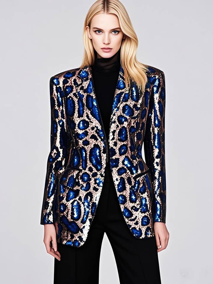 Leopard Print Pailletblazer – Enkeltknaps Løs Pasform Damer for engroshandel hos Fiona Secret Closet
