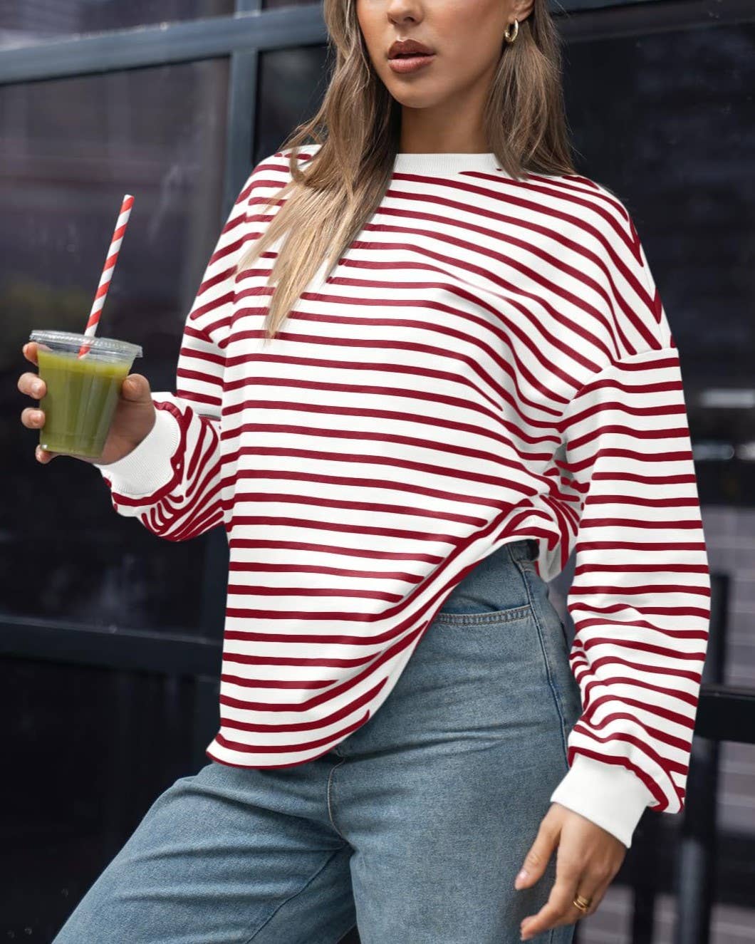 Rosa Clothing - Wholesale Sweatshirt - Women's - Multi Colour Striped Crewneck Thin Sweatshirt11