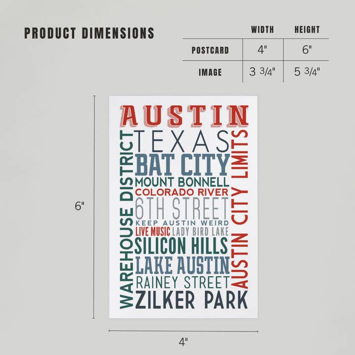 Lantern Press - Wholesale Postcard - PREMIUM POSTCARDS Austin, Texas, Typography