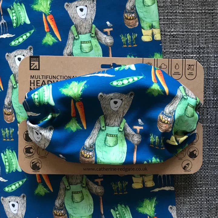 Garden Bear Multi-Functional Head & Neckwear - scarf tube for wholesale by Catherine Redgate: Illustrator