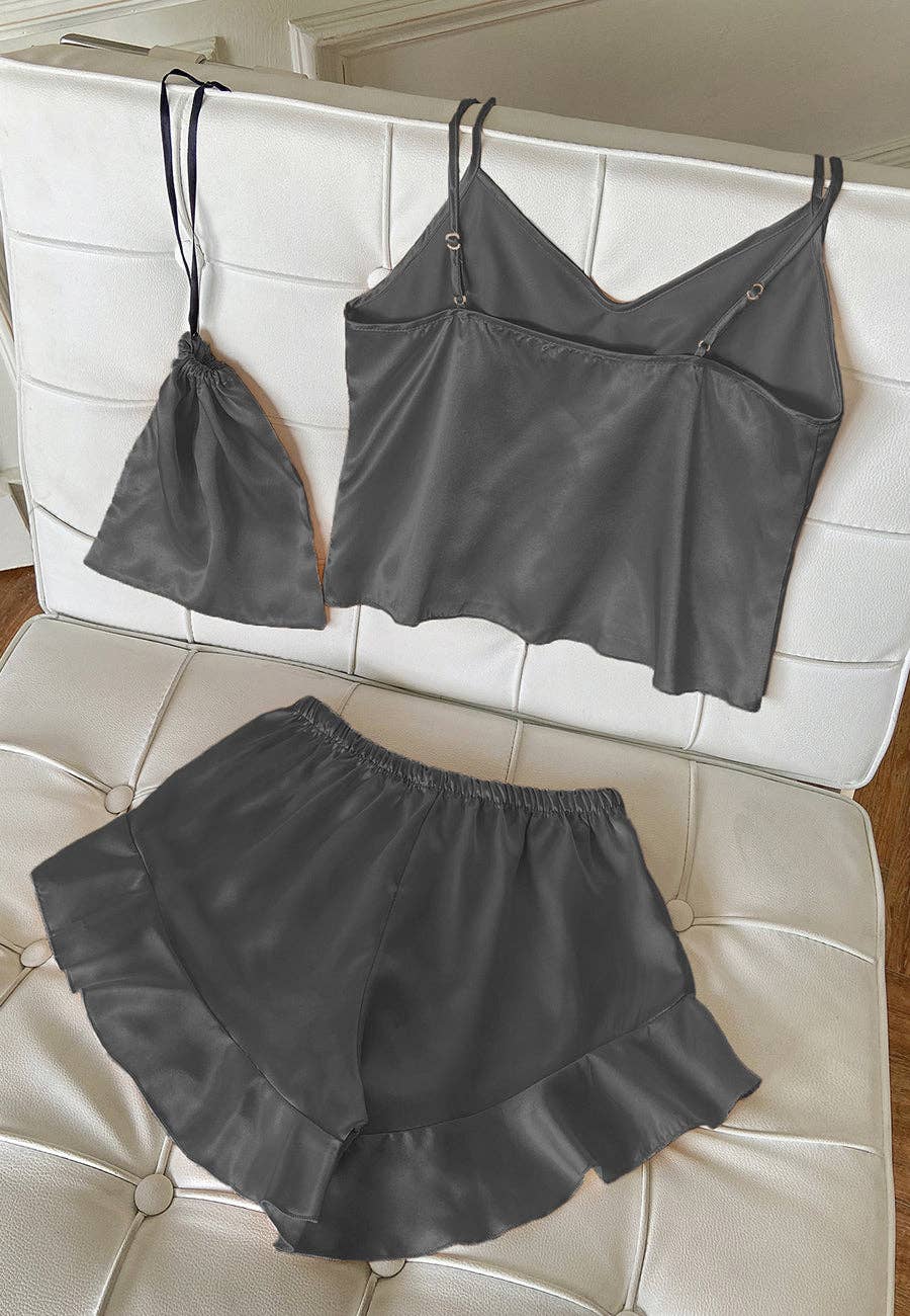 Anna Kaci Wholesale - Wholesale Lounge Set - Women's - Satin Tank and Ruffle Hem Shorts2