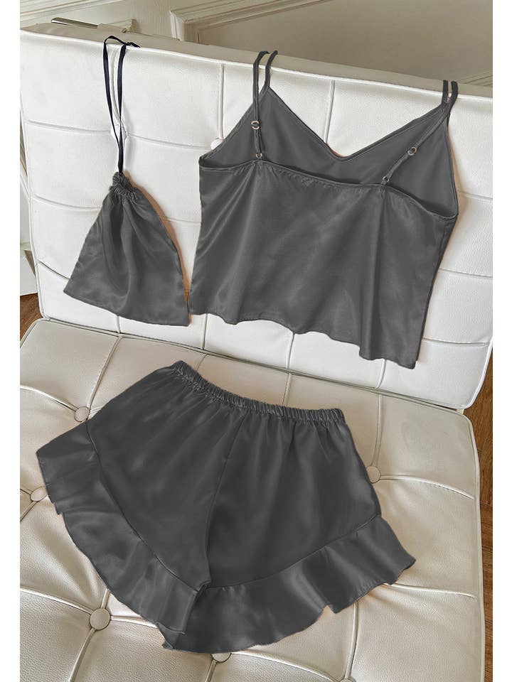 Anna Kaci Wholesale - Wholesale Lounge Set - Women's - Satin Tank and Ruffle Hem Shorts2