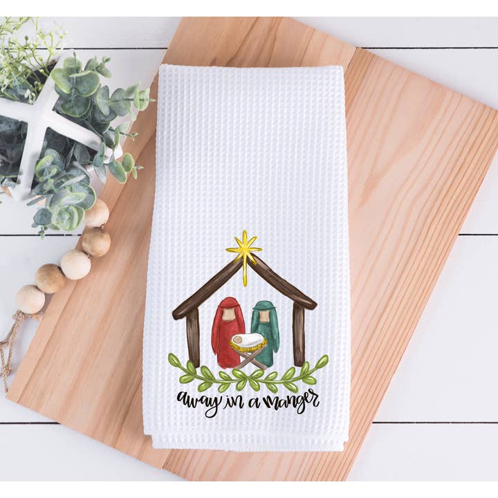 Away In A Manger Christmas Waffle Weave Kitchen Dish Towel for wholesale by Painted Skies