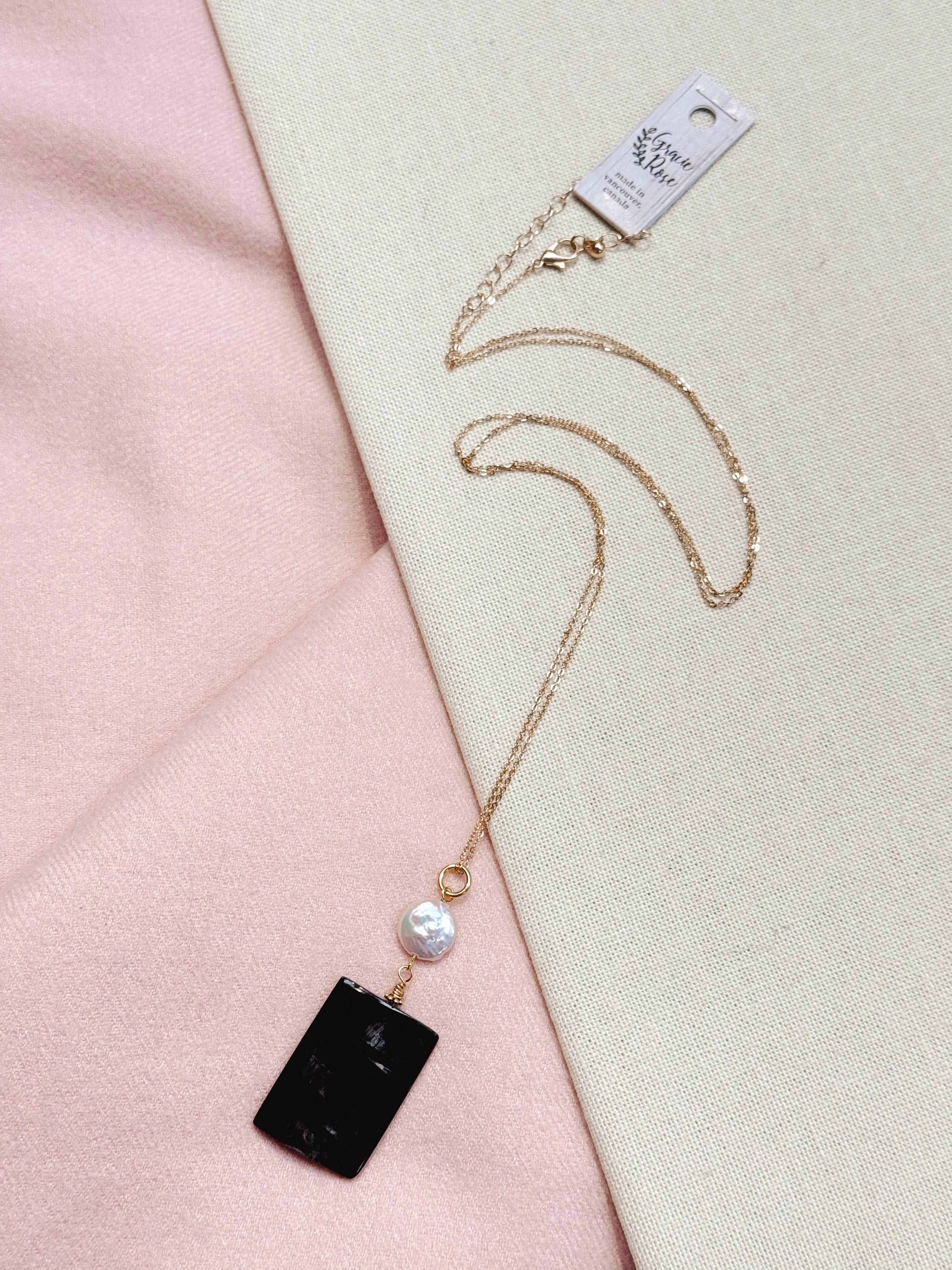 Gracie Rose Designs - Wholesale Pendant/Charm Necklace - Boho Gold Freshwater Pearl Hypersthene Pendant Necklace3