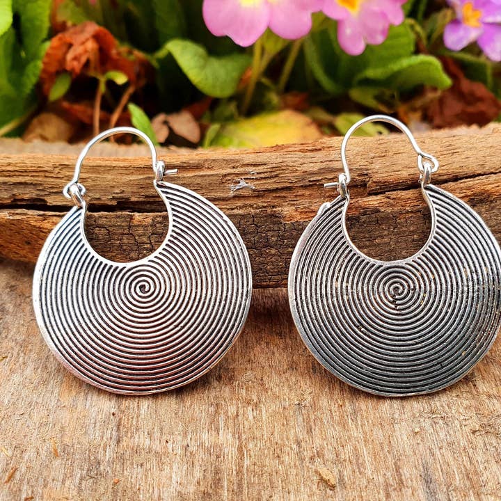 Kaali Boutique - Wholesale Hoop Earrings - Geometric Silver Spiral Earrings; Boho Ethnic Rustic Indian Festival Psy Gypsy Spiral Hippie Tribal style0