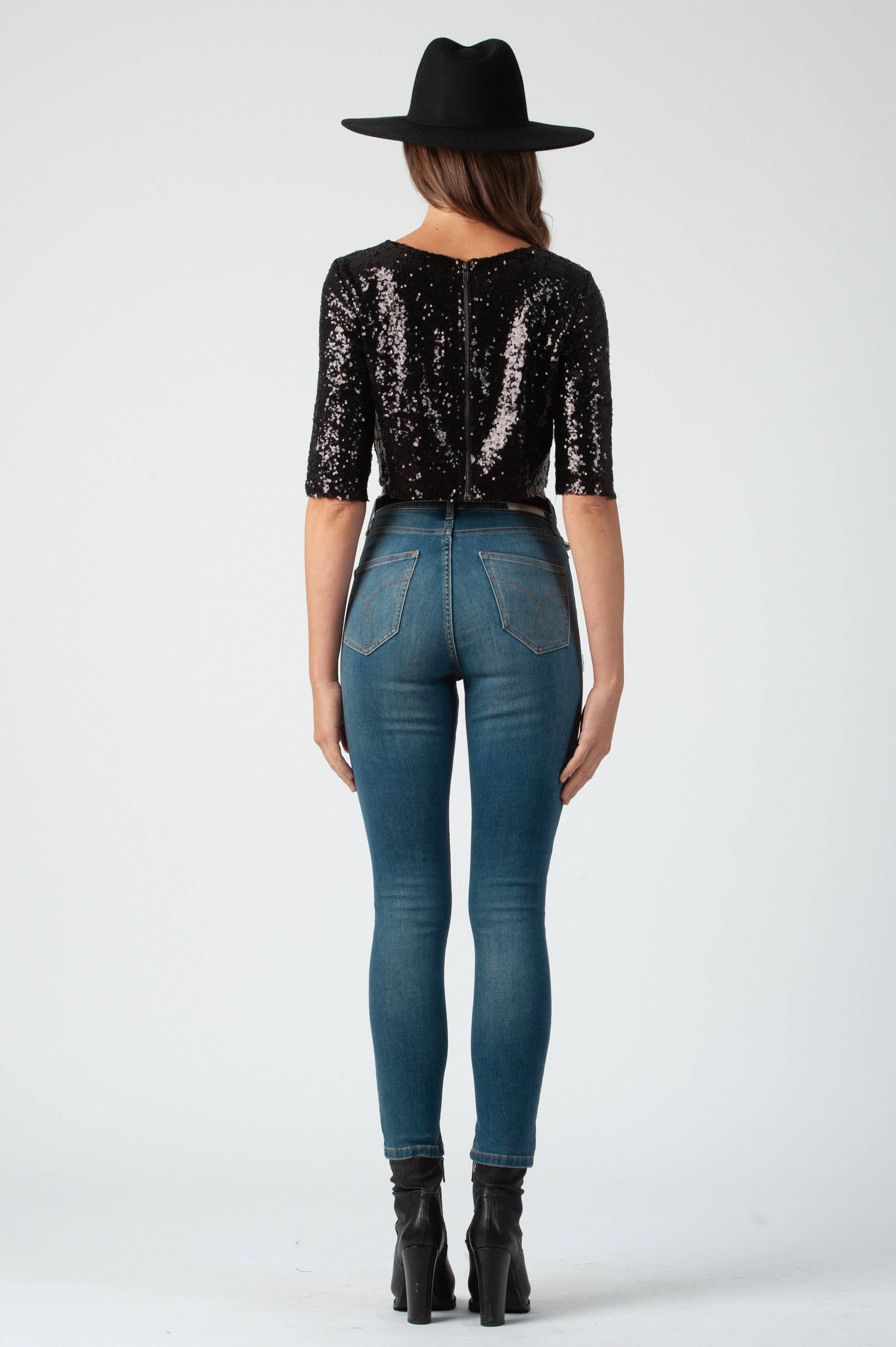 BLACK Holiday Sequin Short Sleeve Crop Top for wholesale on Faire1