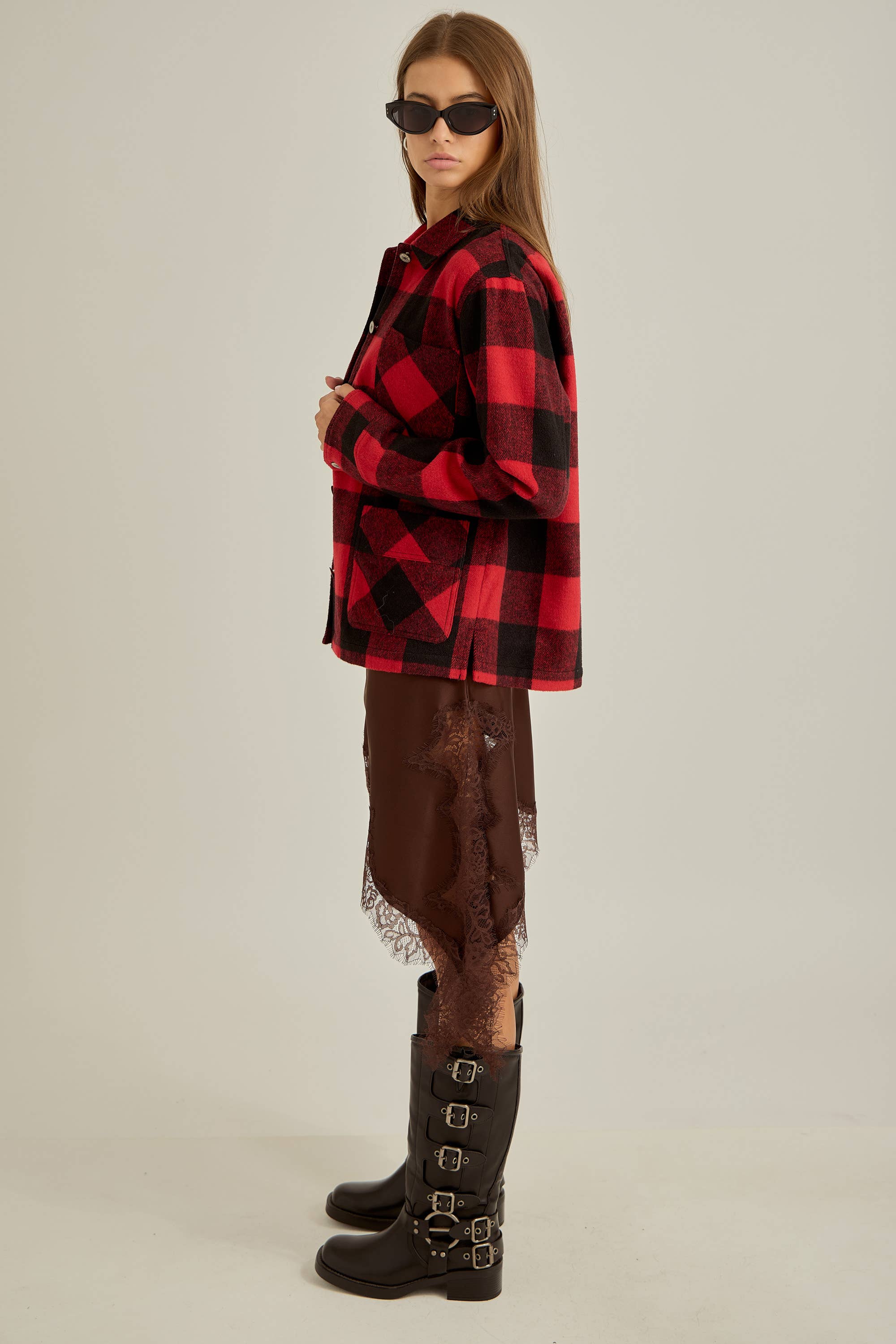 Red Black Winter flannel workwear jacket for wholesale on Faire4