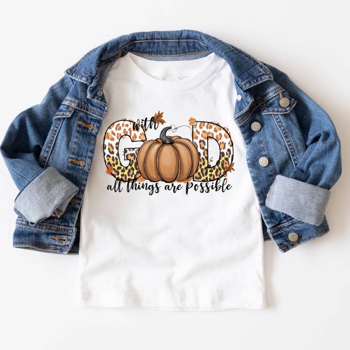 Med Gud er alle ting mulige efterårs ungdoms T-shirt med grafik for engroshandel hos Mama and Littles Apparel