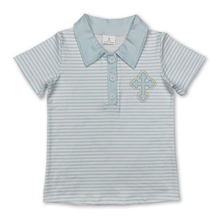 Short sleeves stripe cross kids boys Easter polo shirt for wholesale by Yawoo Garments