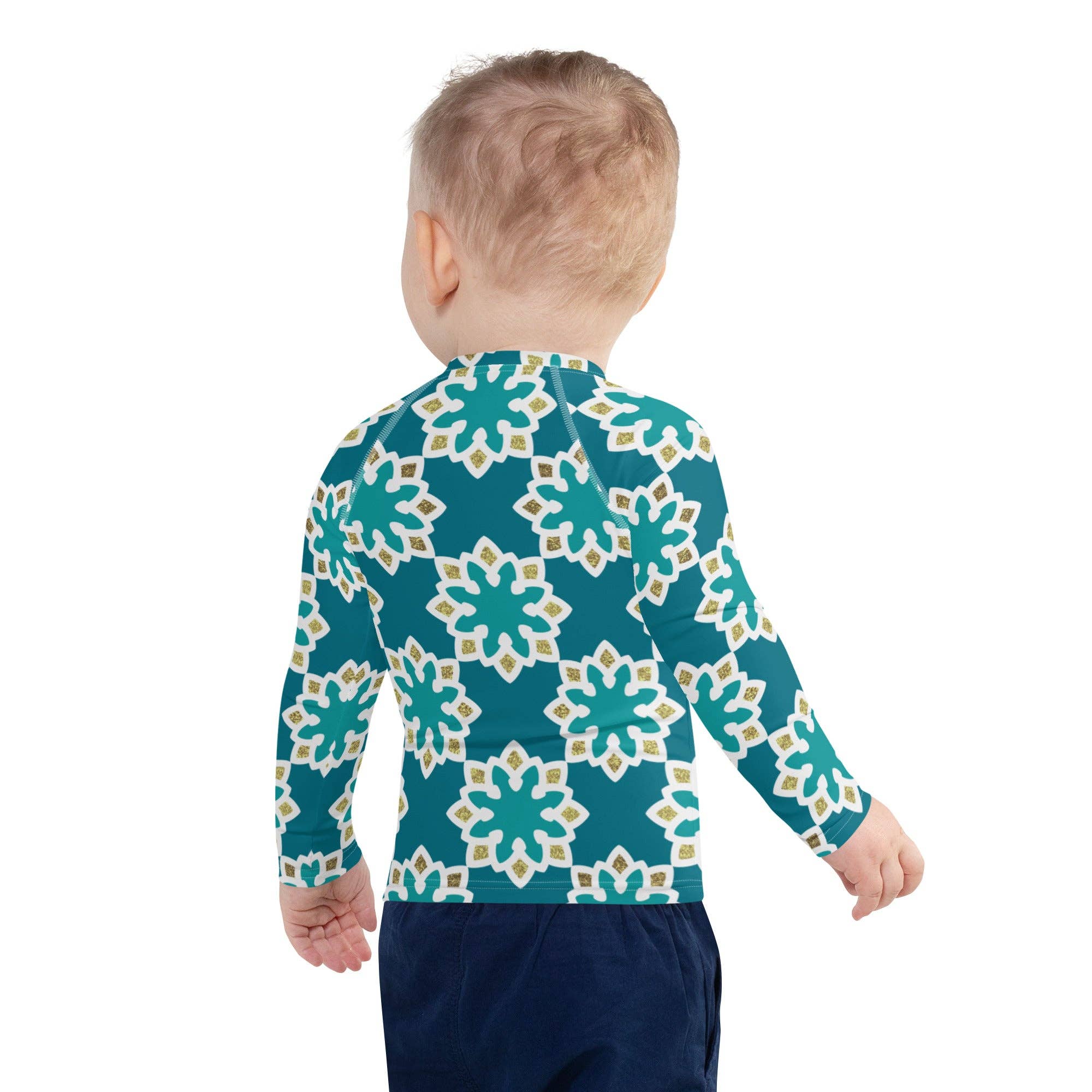 The Shamal – wholesale Rashguard - Barn – Kids Rash Guard 2T till 7 år - Arabesque Blommor i Aqua och Guld6