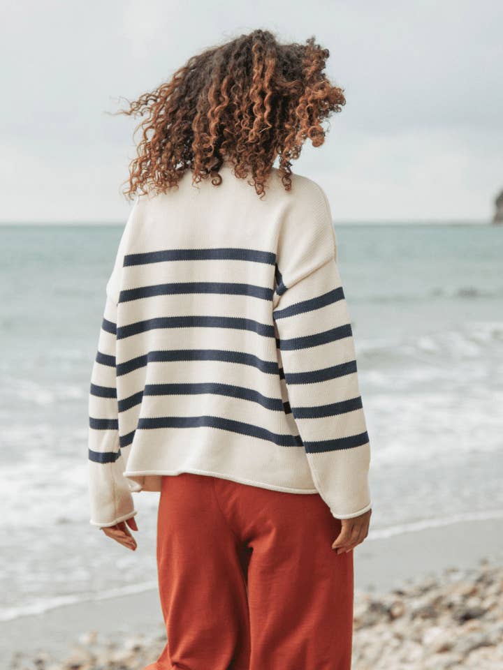 Navy Ecru Stripe Offshore Oversized Striped Knitted Jumper for wholesale on Faire