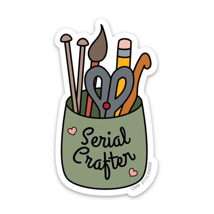 Serial Crafter Sticker for wholesale by Camp Stitchwood