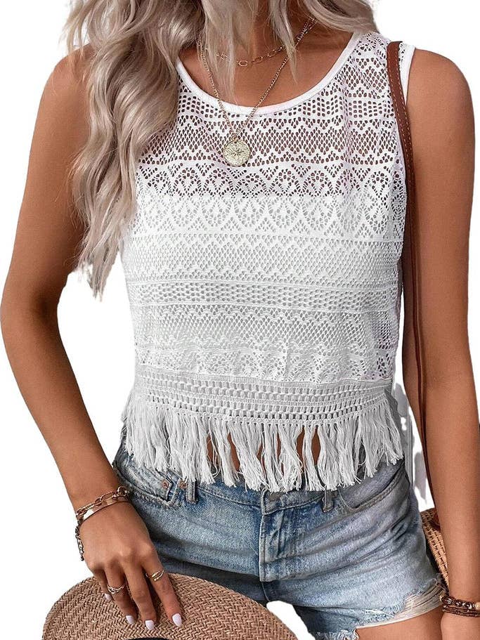 White Lace Crochet Hollow out Fringed Tank Top for wholesale by Trendi Lady