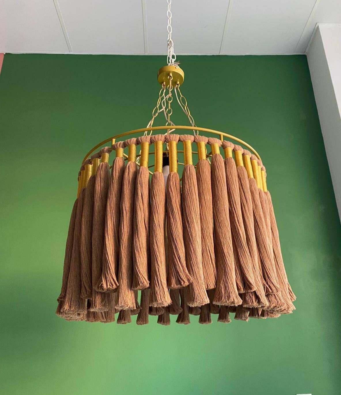 Joy's Arts - Wholesale Chandelier/Hanging Light - Boho Cotton Fringe Chandelier - Macrame Pendant Light, Nursery & Living Room Ceiling Lamp, Gold Accents6