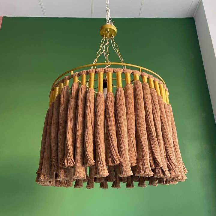 Joy's Arts - Wholesale Chandelier/Hanging Light - Boho Cotton Fringe Chandelier - Macrame Pendant Light, Nursery & Living Room Ceiling Lamp, Gold Accents6