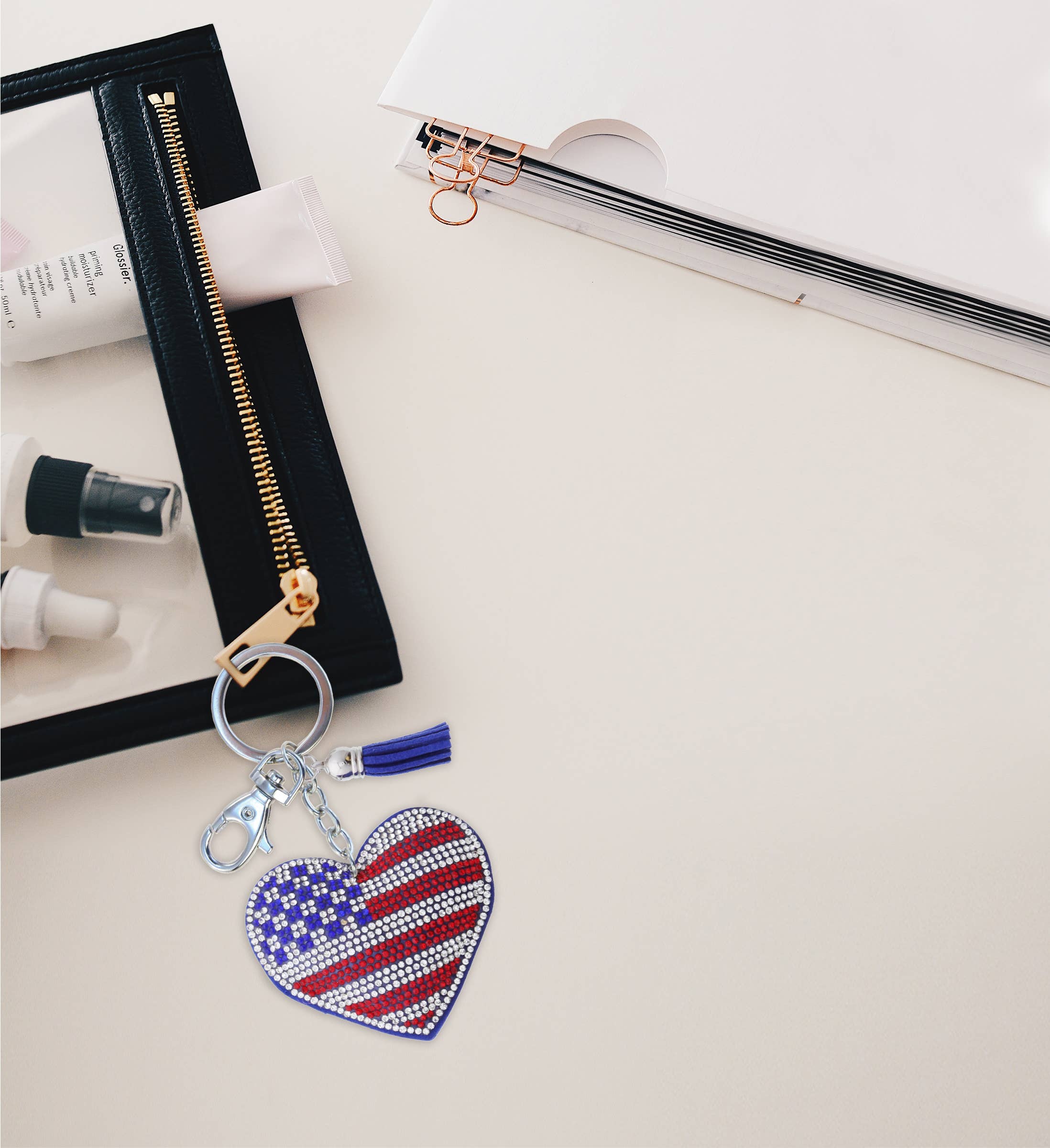 Cota Global - Wholesale Keychain - Unisex - Sparkling Rhinestones Charm With Tassel - Usa Flag Heart5