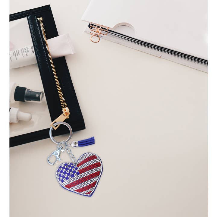 Cota Global - Wholesale Keychain - Unisex - Sparkling Rhinestones Charm With Tassel - Usa Flag Heart5