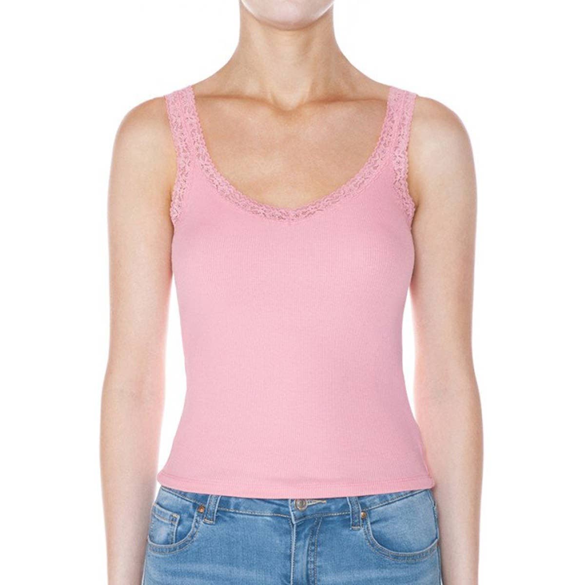 UP CLOTHING - Wholesale Tank Top - Women's - RIBBED V NECK LACE TRIMMED TANK TOP4