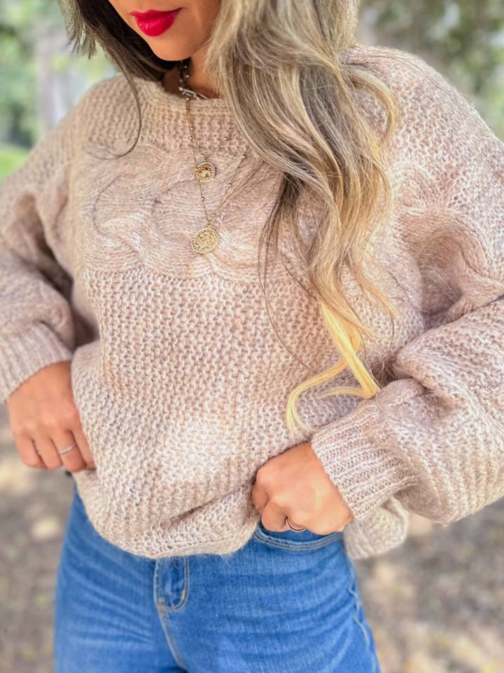 Taupe Lightweight Cable Knit Sweater with Scallop Hem for wholesale on Faire1