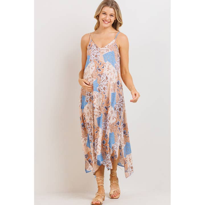 Patchwork Print Asymmetric Maternity Midi Dress for wholesale by Hello Miz