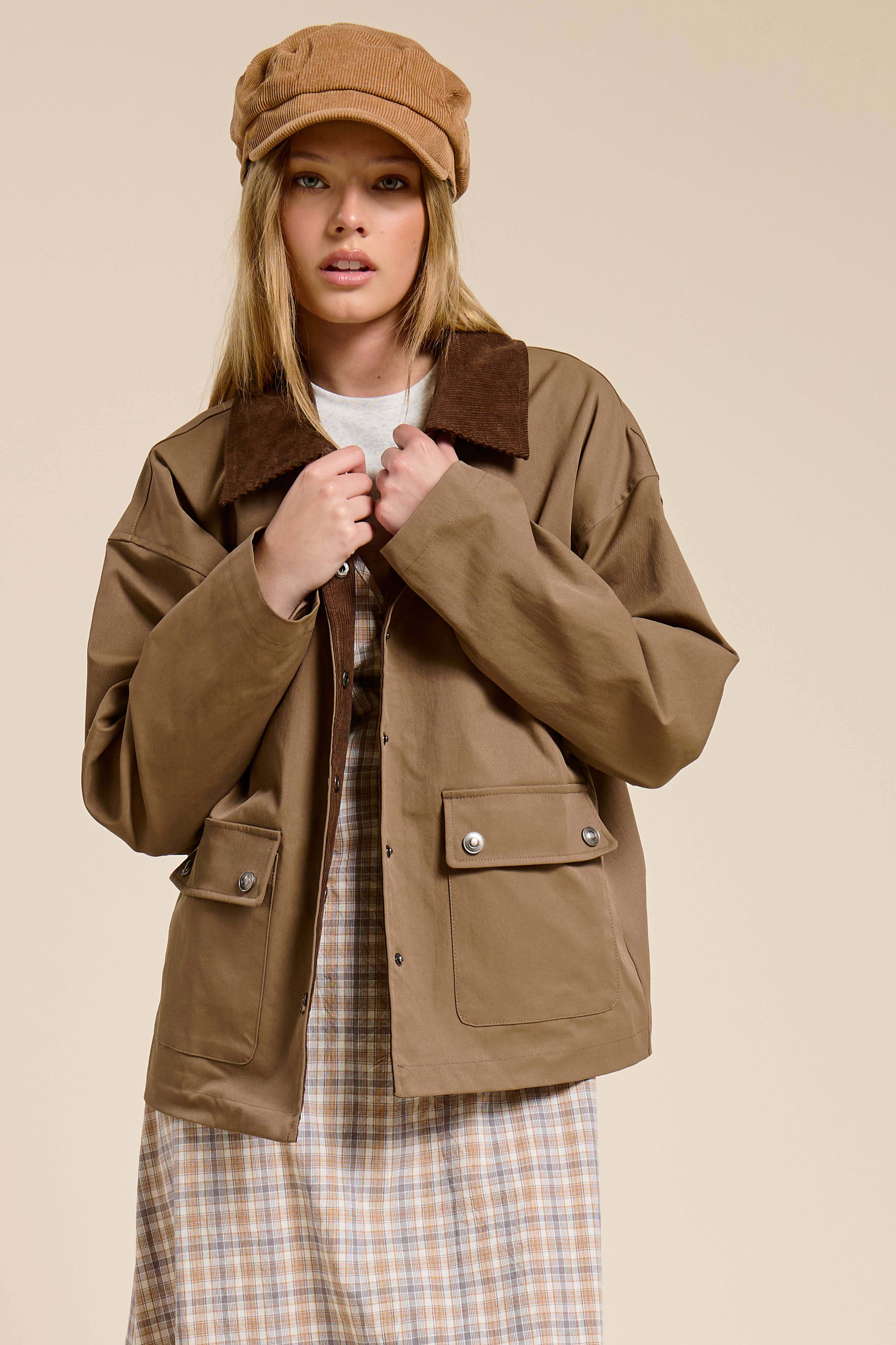Brown Barn Jacket with Corduroy Collar and Snap Pockets for wholesale on Faire