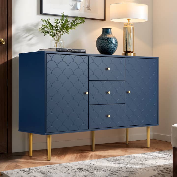 Urban Meuble - Wholesale Cabinet - High sideboard with 2 doors and 3 navy blue drawers with scale pattern H82/B120/T40 AIKETS10
