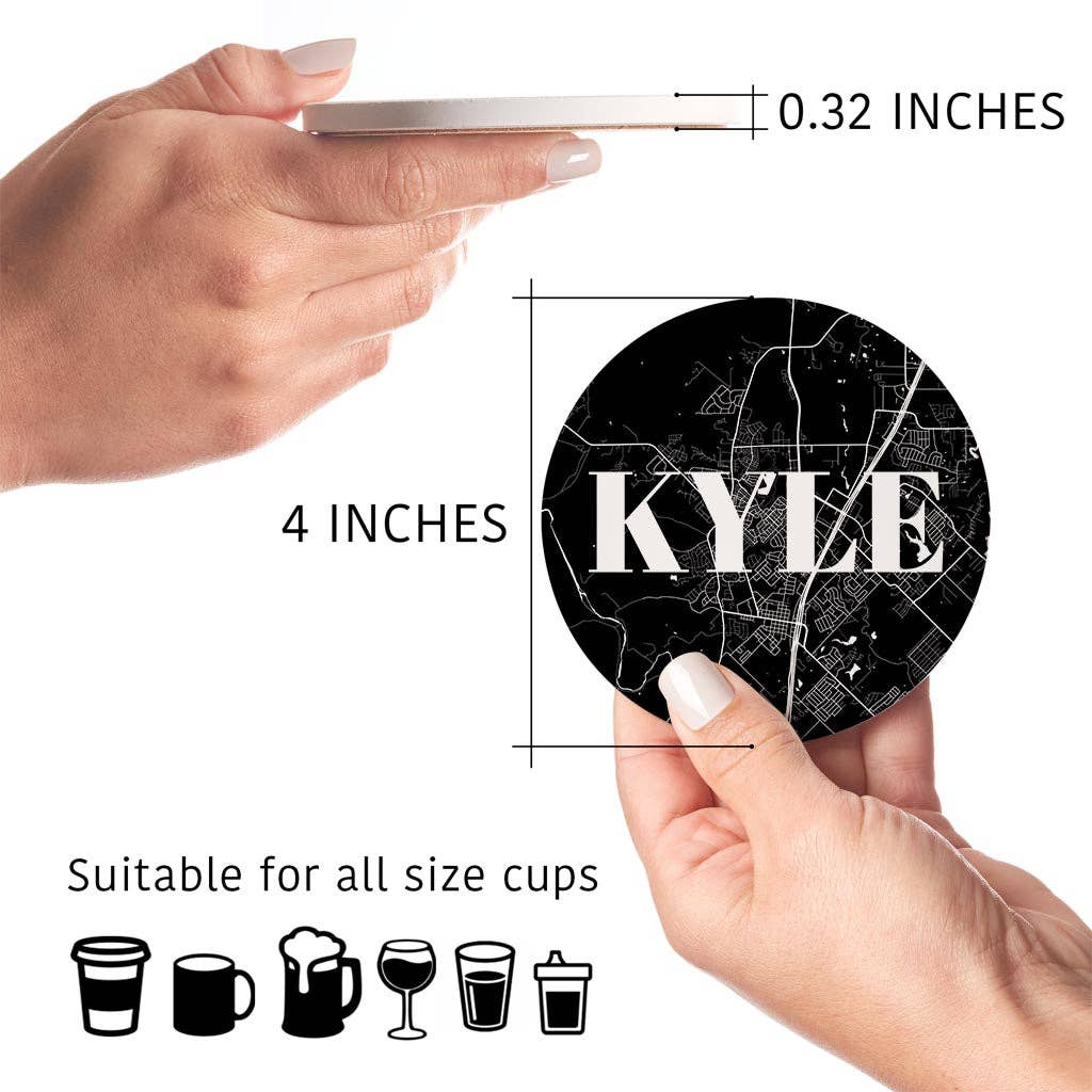 Love Local - Wholesale Coasters - Minimalistic B&W Texas Kyle Map | Absorbent Coasters | Set of 4 | Min 25