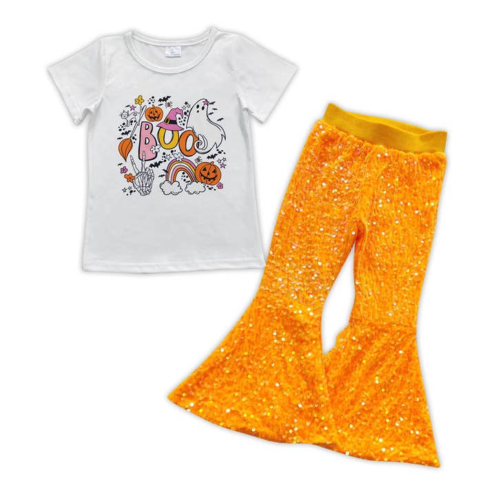 Girls Boo Pumpkin Tee Shirt Orange Sequin Bell Pants Clothes for wholesale by Aier Wholesale