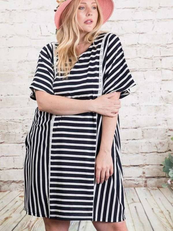 Davi & Dani - Wholesale Dress - Women's - PLUS SIZE STRIPED ELASTIC WAIST DOLMAN DRESS