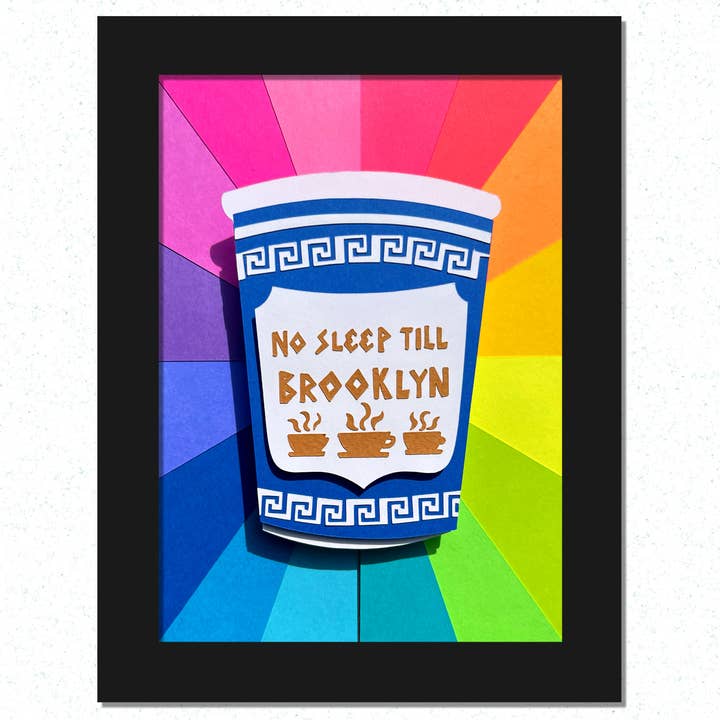 No Sleep Till Brooklyn (rainbow) Framed, Handmade, NYC Art for wholesale by Paper for the People