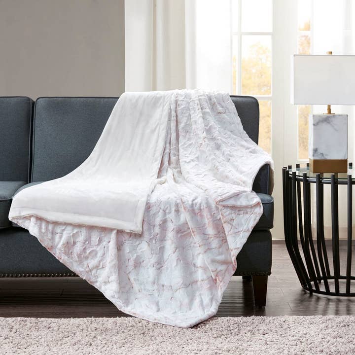 Olliix - Wholesale Throw Blanket - Faux Fur Oversized 60x70" Marble Throw Blanket, Blush