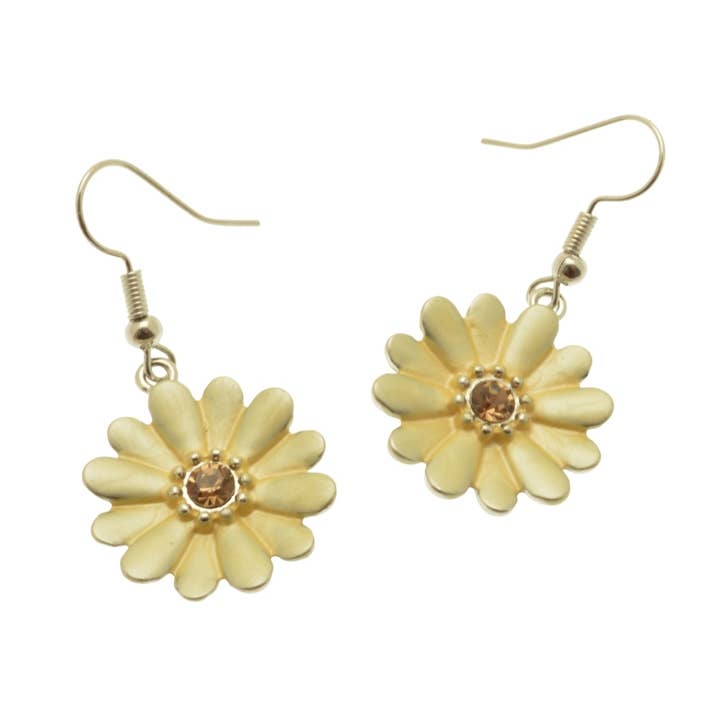 Boucles d'oreilles pendantes marguerite jaune pour la vente par Miss Milly Limited