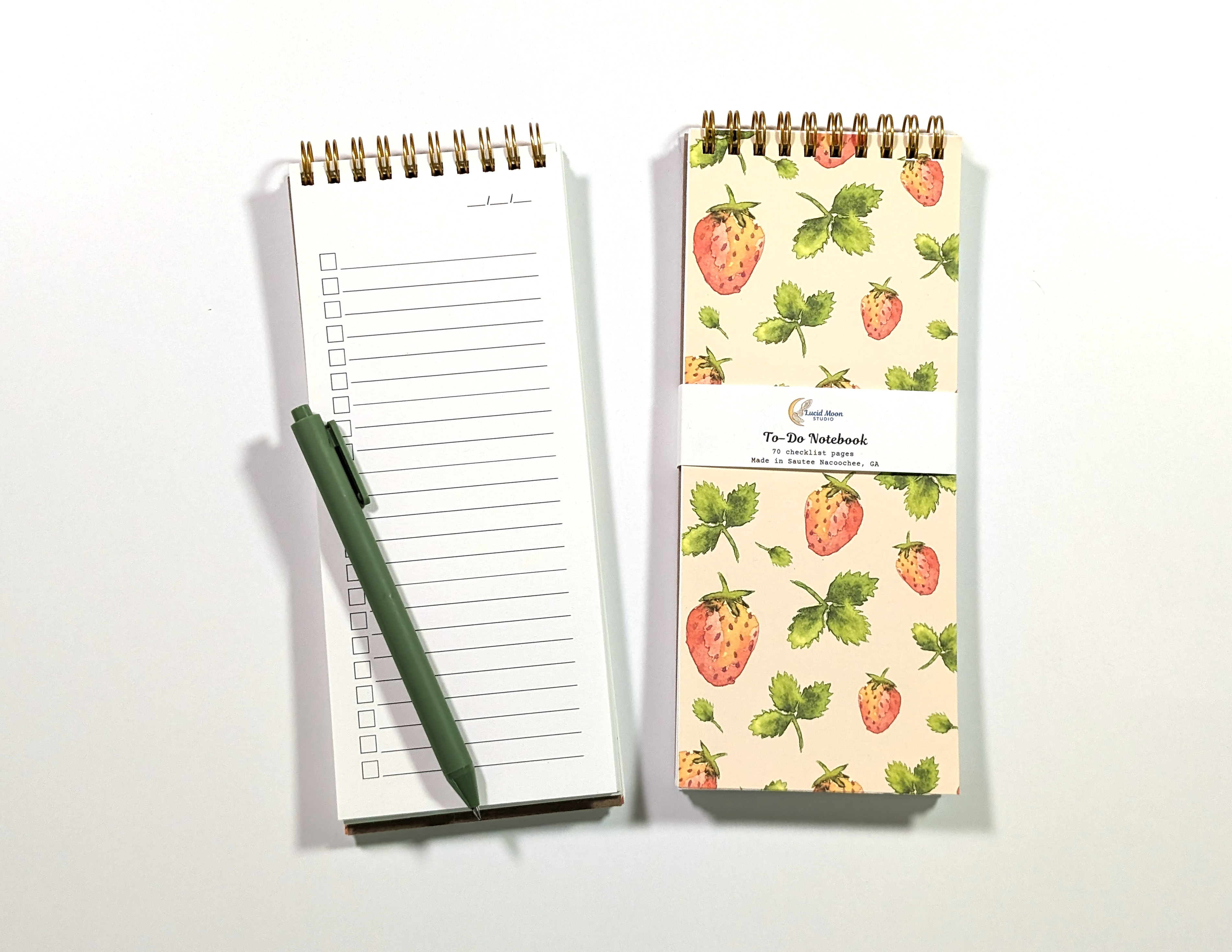 Lucid Moon Studio, LLC – Engroshandel Notesbog – Jordbærmarker Top Spiral To-Do Liste Tjekliste Notesbog1