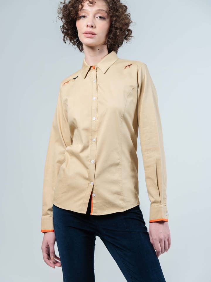 LAYLA Beige Embroidered Pointer luxury cotton satin shirt with LYCRA for wholesale by HARTWELL