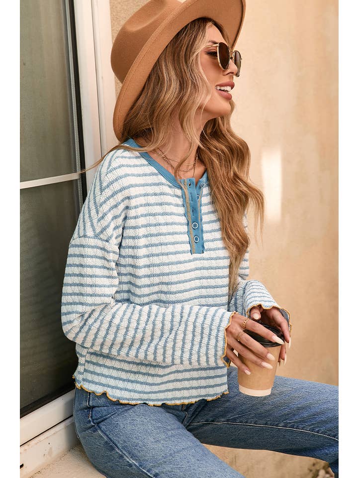 Little Daisy Closet - Wholesale Knit Top - Women's - LDC Stripe Frilly Trim Buttons Henley Long Sleeve Top